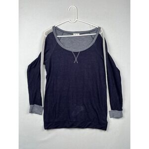 Ava James Top Womens Large Mesh Stripe Long Sleeve Pullover‎ Navy Blue Gray L